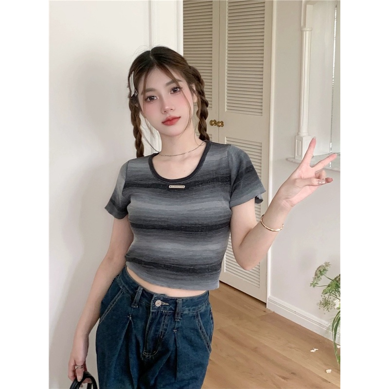 Áo Thun Ngắn Tay Dáng Ôm Họa Tiết Kẻ Sọc Thời Trang Mùa Hè Phong Cách Hàn Quốc Cho Nữ
