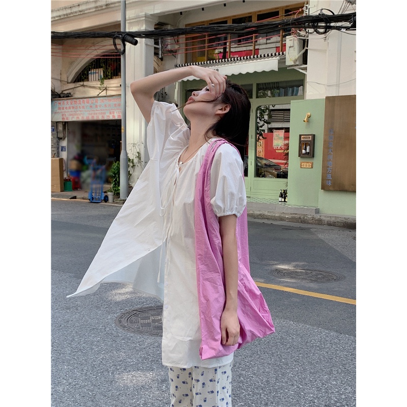 SUXI Summer Medium Length Puffed Sleeve Lace-up Short Sleeve Shirt +slim Fit High Waist Floral Long Pants