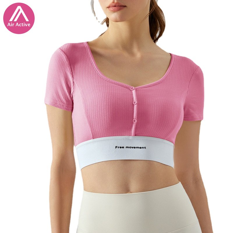 Áo croptop AIRACTIVE LEISURE thể thao tay ngắn có đệm ngực màu tương phản phối nút phía trước thích hợp tập yoga