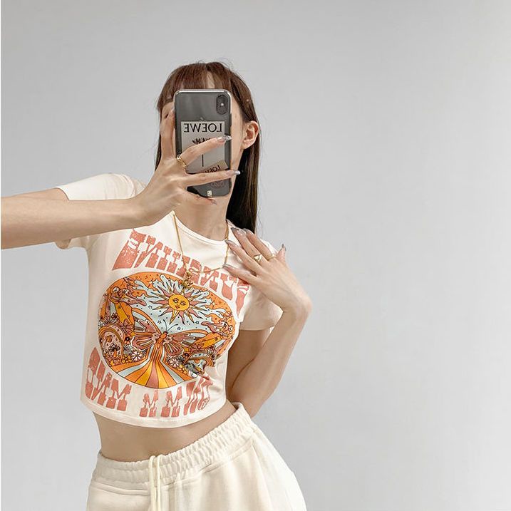 Y2k Áo Baby Tee Thun Croptop Nữ  Tay Ngắn Hở Rốn Ôm Dáng In Họa Tiết Bướm Mặt Trời Phong Cách Âu Mỹ Thời Trang Mùa Hè Mới Dành Cho