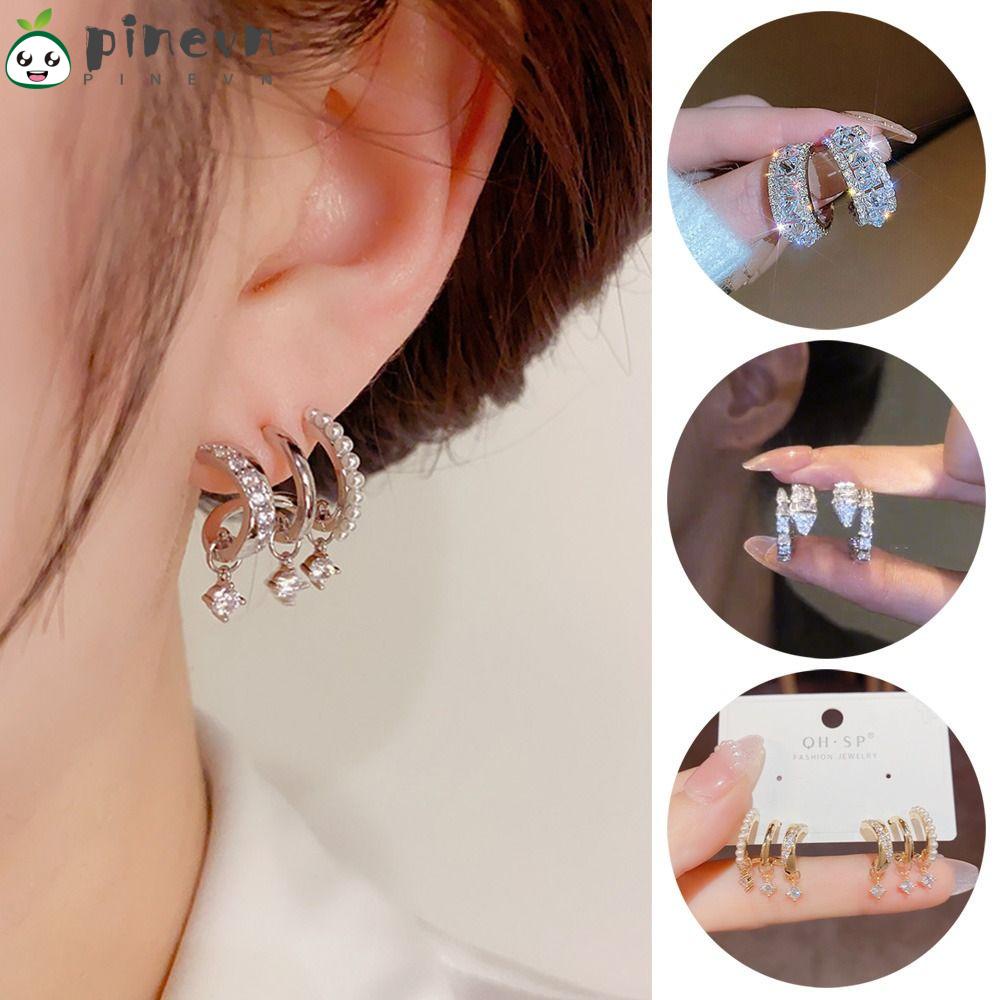 PINEVN Khuyên Tai Hình Học Đính Đá Tinh Xảo Cho Nữ