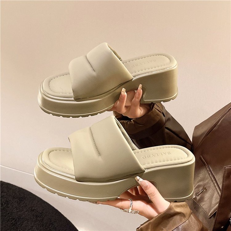 Dép Da PU Cao Gót Mũi Vuông Phong Cách Retro