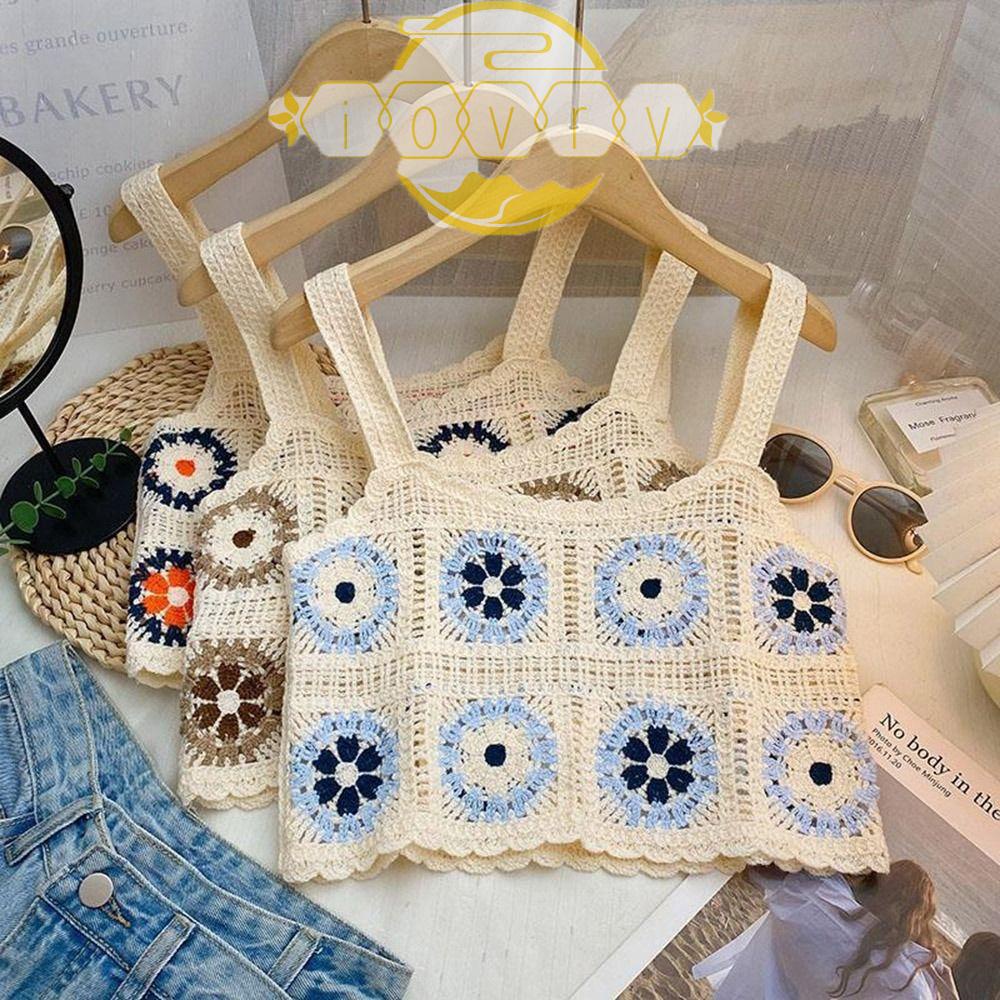 Áo Croptop Dệt Kim Không Tay Cổ Vuông Họa Tiết Hoa Nhiều Màu Sắc Thời Trang Mùa Hè Cho Nữ