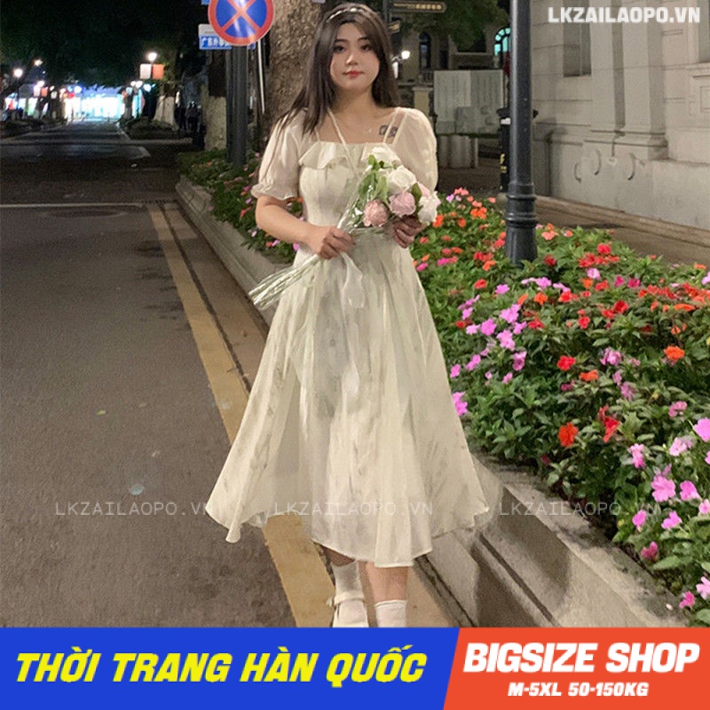 Váy đầm nữ Bigsize Đầm dự tiệc sang trọng dáng suông tay ngắn cổ vuông trắng mùa hè Phong cách Hàn Quốc Thời Trang đẹp