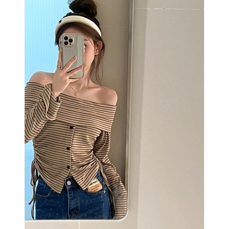 Áo Thun Tay Dài Trễ Vai Dáng Ôm Kẻ Sọc Phối Dây Rút Thời Trang Quyến Rũ Cho Nữ