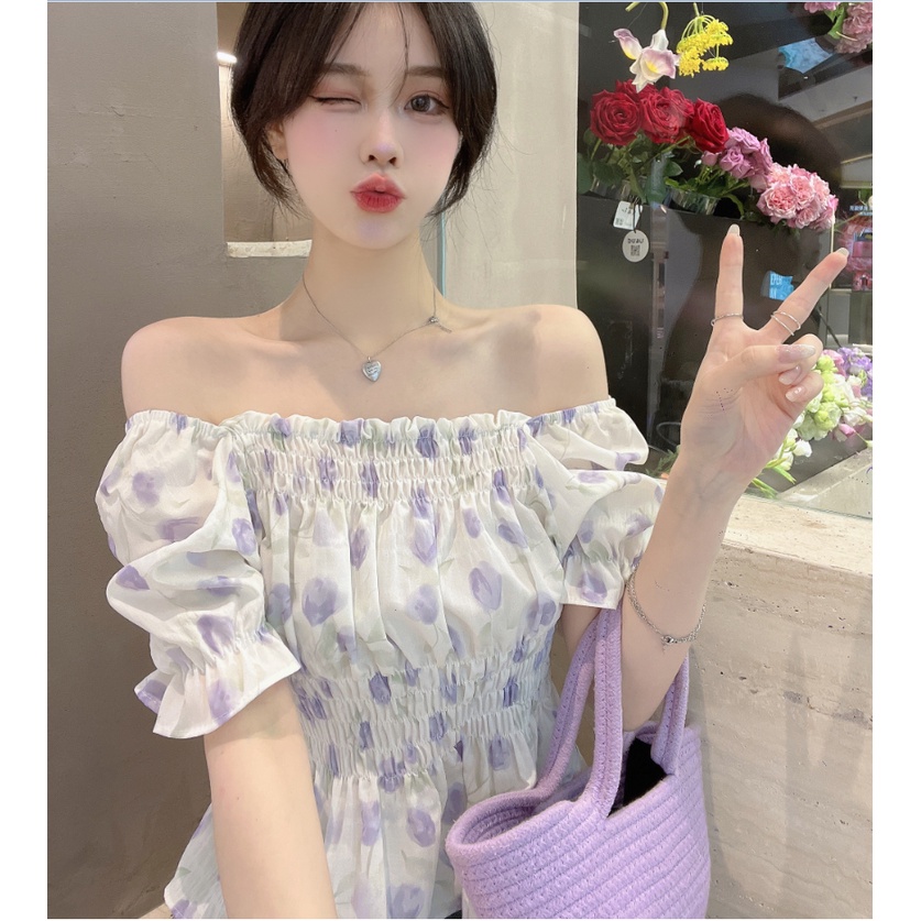 SUXI Áo Kiểu Cổ Vuông Tay Phồng In Họa Tiết Hoa Phong Cách Hàn Quốc Thời Trang Mùa Hè Cho Nữ