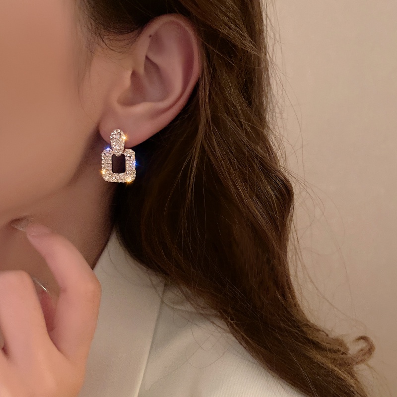 Bông Tai Mạ Bạc 925 Hình Vuông Đính Đá Thời Trang Dành Cho Nữ