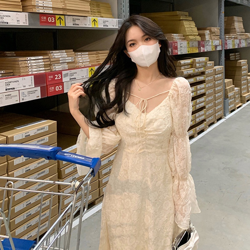 Đầm Dài Tay Ôm Eo Phong Cách Pháp Thời Trang Cho Nữ