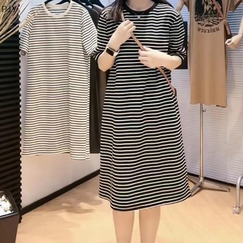 Đầm Dài Cổ Chữ V Kẻ Sọc Khối Màu PJY Thời Trang Mùa Hè Giản Dị Dành Cho Bạn Nữ