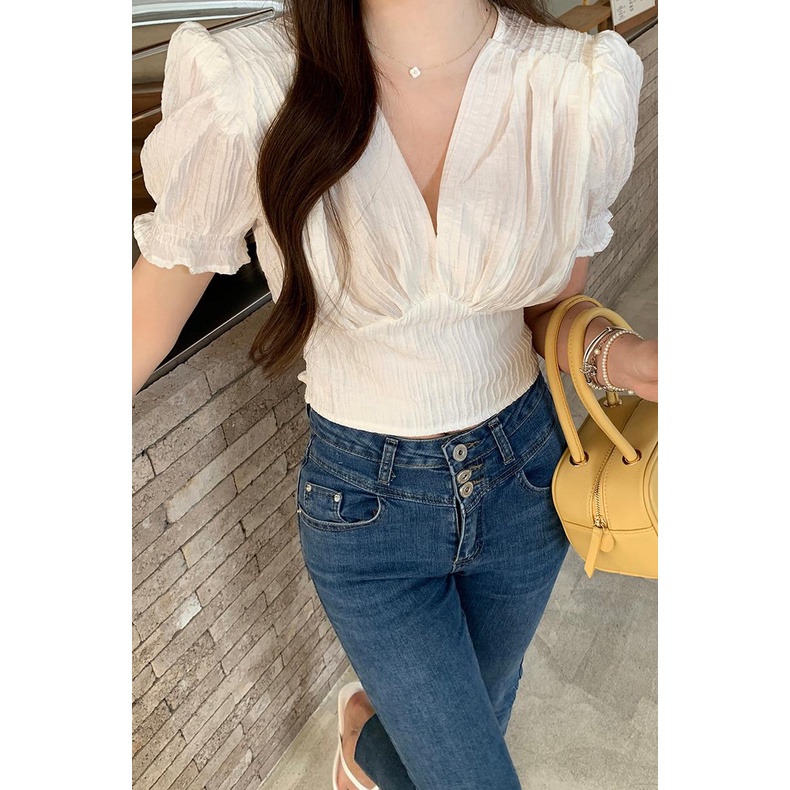 SUXI Áo Sơ Mi Tay Ngắn Cổ Chữ V Dáng Ôm Phong Cách Vintage Dành Cho Nữ