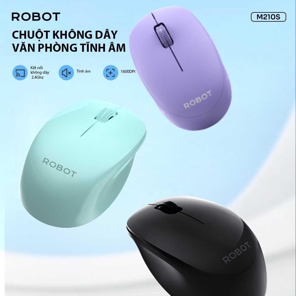 Chuột Không Dây 2.4GHz ROBOT M210S Chuột Tĩnh Âm Tặng Kèm Pin Phù Hợp Cho PC/Laptop - Chính Hãng
