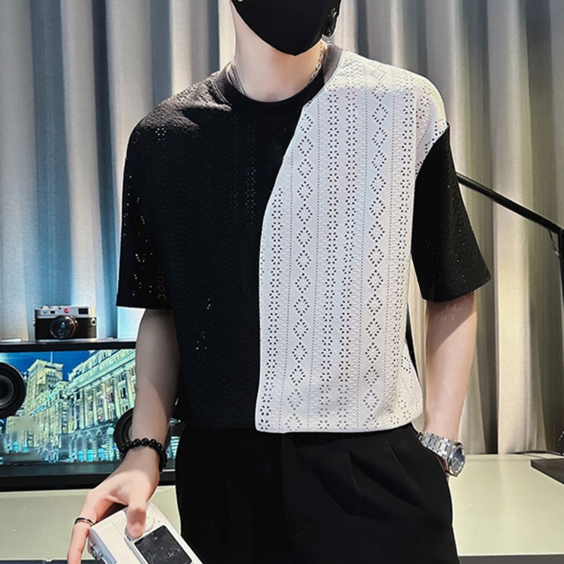 Áo thun INCERUN tay ngắn cổ tròn phối màu đen trắng thời trang cá tính cho nam