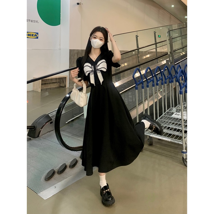 Váy cổ điển pháp váy cổ v cộng với kích thước váy mùa hè cho phụ nữ váy đen trang trọng nút xuống váy midi váy thường thông minh trang phục giản dị