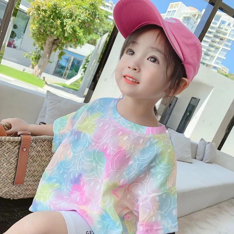 Áo Thun Ngắn Tay Nhuộm Màu Họa Tiết Mặt Cười Phong Cách Hàn Quốc Thời Trang Mùa Hè Cho Nữ