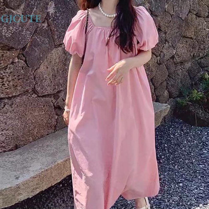 Đầm Midi Tay Ngắn Dáng Rộng Màu Hồng Thời Trang Mùa Hè Cho Nữ