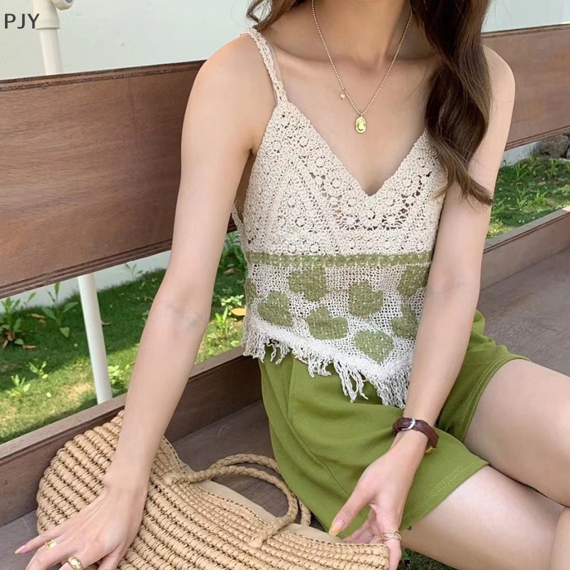 Áo Dệt Kim Sát Nách Cổ Chữ V Thêu Họa Tiết Trái Tim Phong Cách Bohemia Thời Trang Mùa Hè Cho Nữ PJ