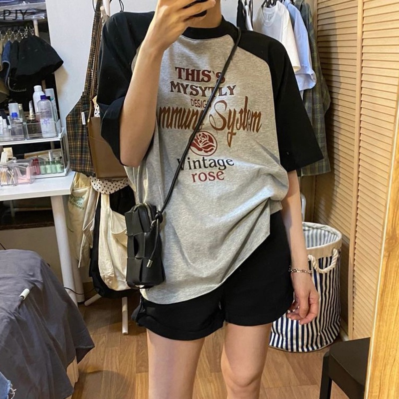 Áo Thun Ngắn Tay Cổ Tròn Dáng Rộng In Chữ Phối Màu Tương Phản Thời Trang Mùa Hè Cho Nữ PJ