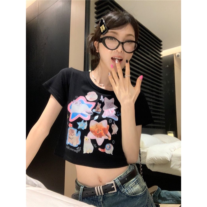 Áo Baby Tee Thun Croptop Nữ Tay Ngắn Hở Vai Dáng Ôm In Hình Mèo Thời Trang Mùa Hè Hàng Mới Dành Cho Bạn Nữ