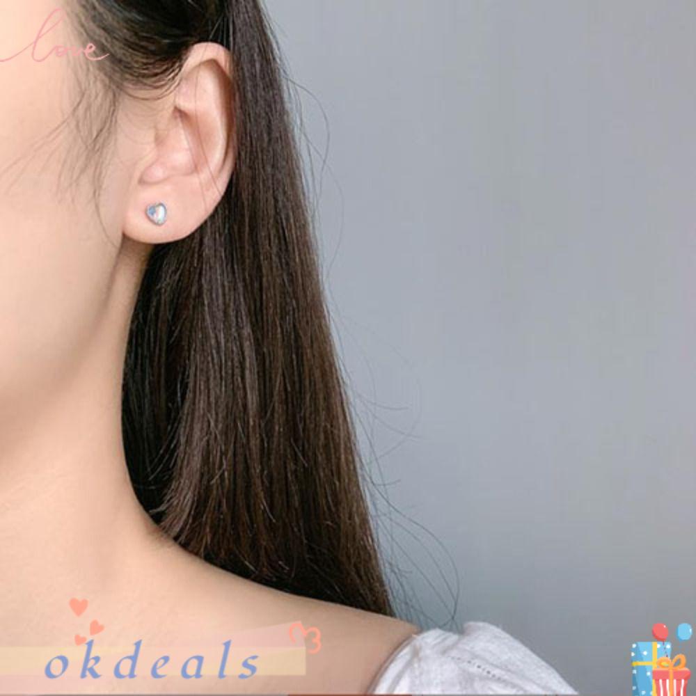 OKDEALS Set Bông Tai Mạ Bạc 925 10mm Hình Trái Tim Đính Đá Mặt Trăng Cho Nam Và Nữ