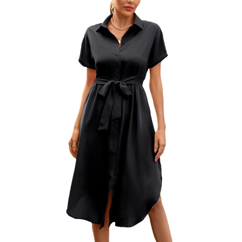 Đầm Midi Ngắn Tay Dáng Rộng Cài Nút Thắt Eo Thời Trang Mùa Hè Cho Nữ