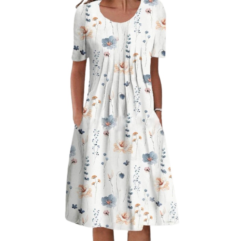 Đầm Midi Tay Ngắn Dáng Chữ A Cổ Tròn In Họa Tiết Hoa Xinh Xắn Thời Trang Mùa Hè Quyến Rũ Cho Nữ