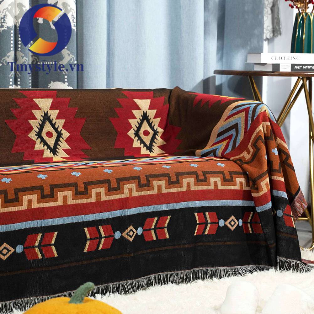 Thảm Cotton Dệt Kim Họa Tiết Thổ Cẩm Phối Tua Rua Có Thể Gấp Gọn Tiện Dụng Mang