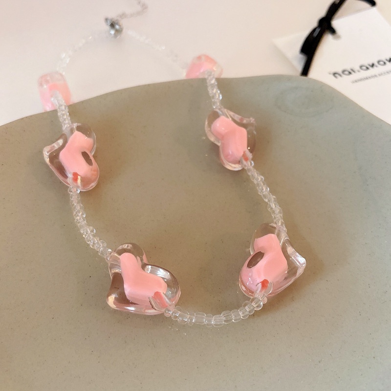 Vòng cổ Xỏ Hạt Mặt Trái Tim Màu Hồng Cá Tính Dành Cho Nữ