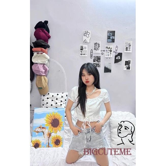 Áo Croptop Ngắn Tay Màu Sắc Đơn Giản Cho Nữ