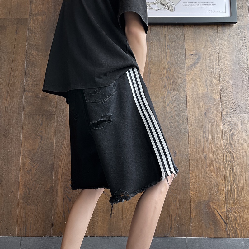 Quần Short Denim Dáng Rộng Phối Rách Kiểu Retro Mỹ Thời Trang Mùa Hè Cho Nam