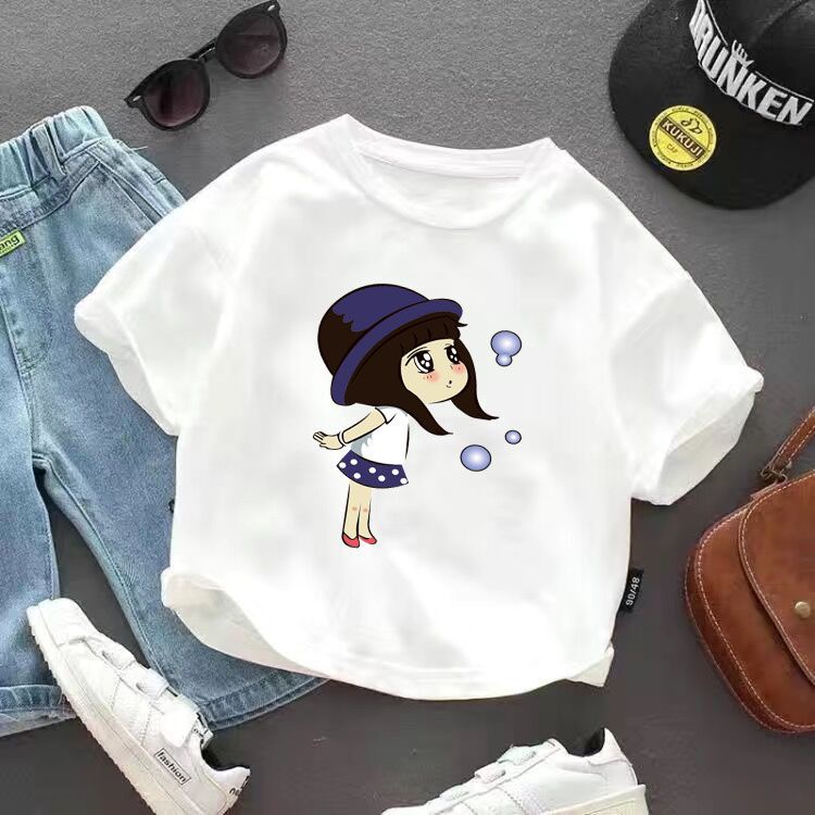 Áo Thun Cotton Ngắn Tay Màu Trơn In Họa Tiết Hoạt Hình Cho Bé Gái