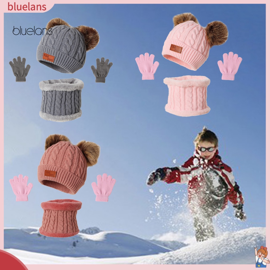 Bộ 3 Món Mũ + Găng Tay + Găng Tay + Khăn Choàng + Nón Len Co Giãn Đáng Yêu Cho Bé
