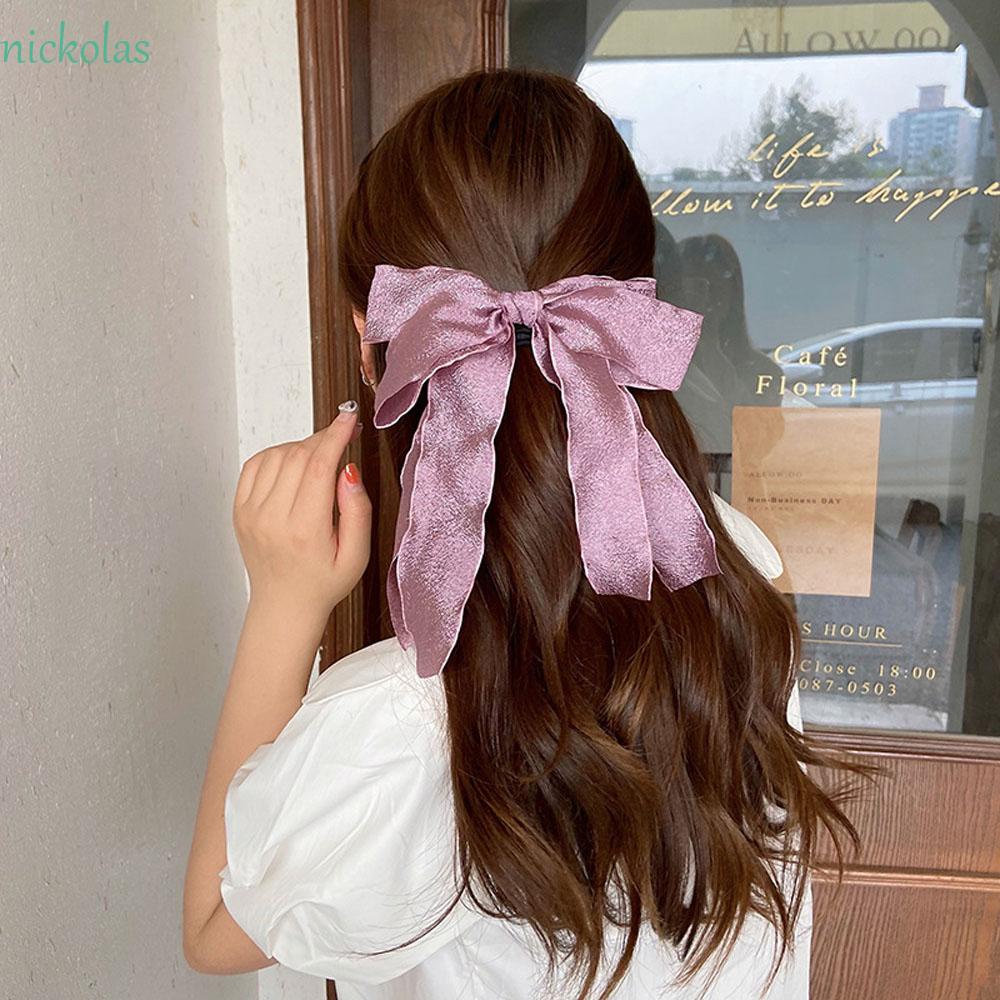 NICKOLAS Kẹp Tóc Nơ Ruy Băng Vải Satin Phối Ren Dễ Thương
