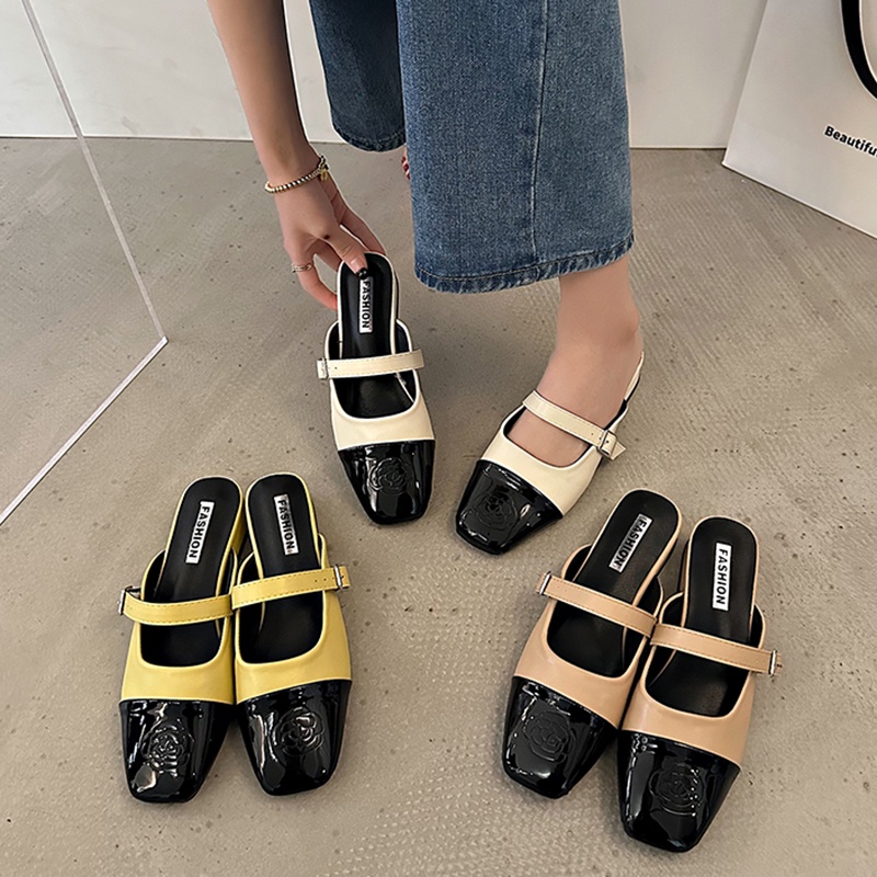 Giày Gót Thấp Mũi Vuông Bằng Da Cho Nữ