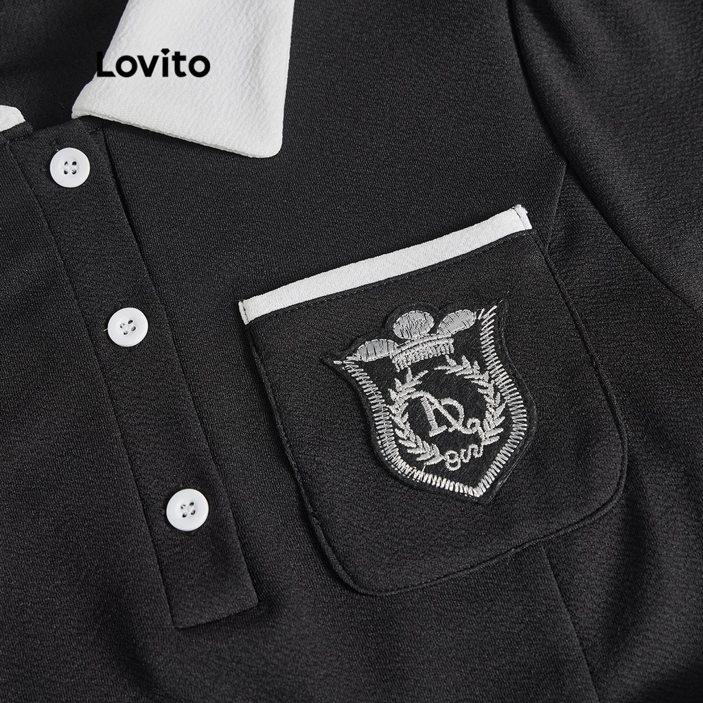 Lovito Váy có túi màu trơn thêu họa tiết Preppy cho Nữ L56ED131 (Đen)