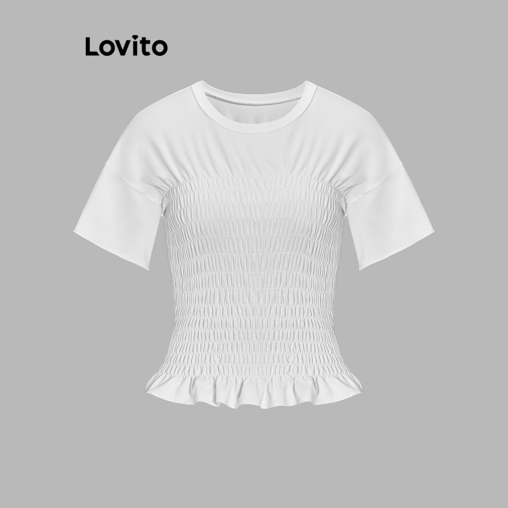 Lovito Áo thun Smocked Ruffle viền trơn đơn giản dành cho nữ L55AD043 (Trắng)