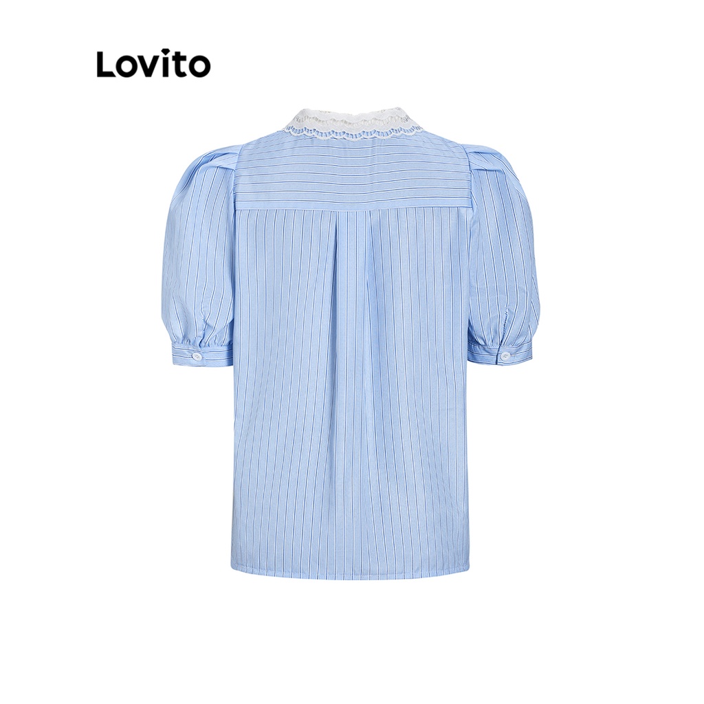 Lovito Áo sơ mi phối màu phối ren sọc Preppy cho Nữ L56ED038 (Màu xanh da trời)