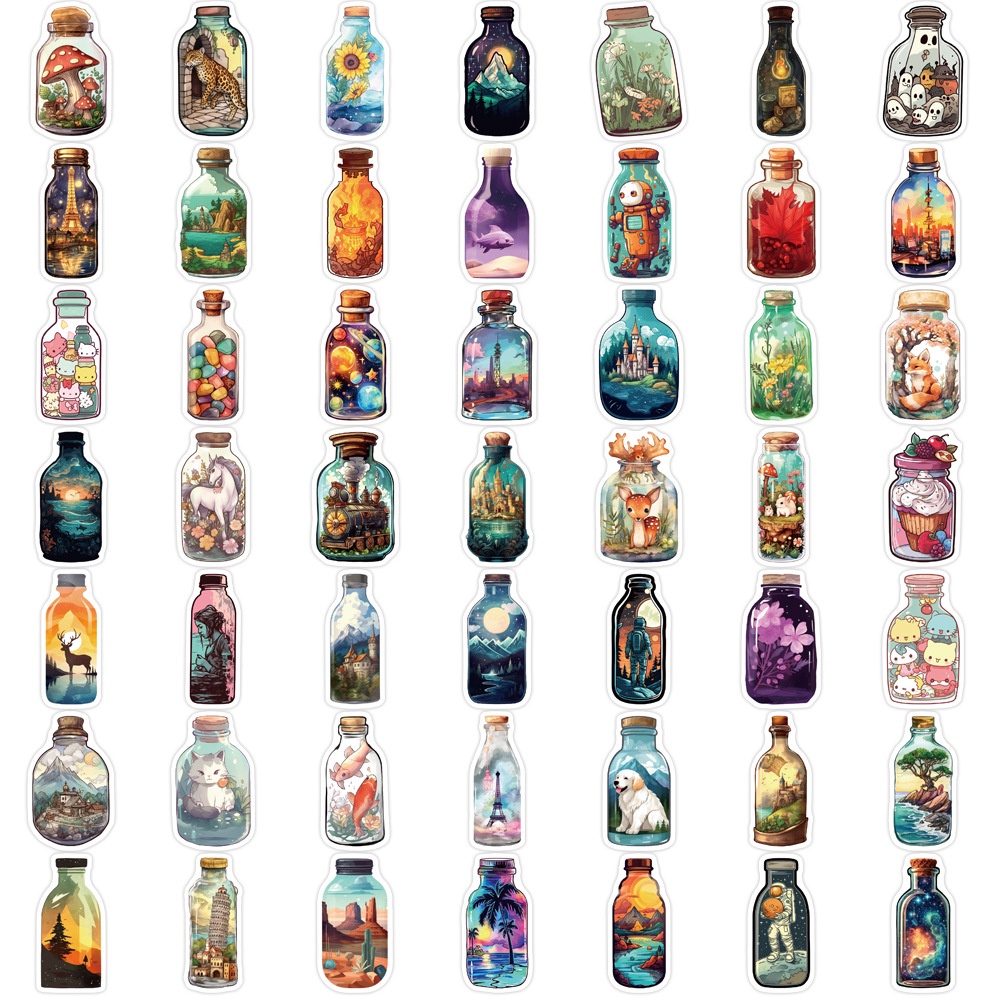 50 Miếng Dán Hoạt Hình The Big World In Bottle Trang Trí Điện Thoại, Laptop, Sổ Tay