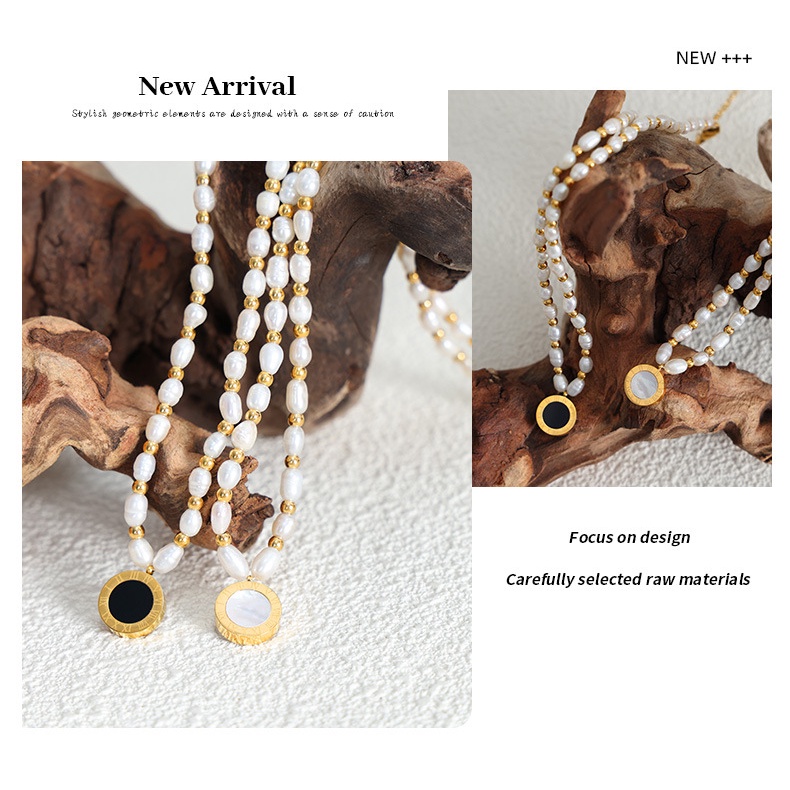 Vòng cổ Hai Mặt Bằng Thép Không Gỉ Mạ Vàng Đính Ngọc Trai Sang Trọng Phong Cách Dongdaemun