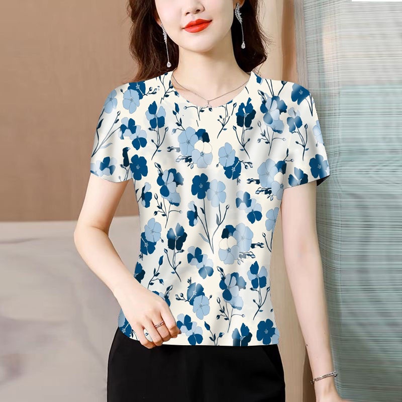 Áo Thun Ngắn Tay Cổ Tròn Dáng Rộng Thời Trang Mùa Hè Cho Phụ Nữ Trung Niên