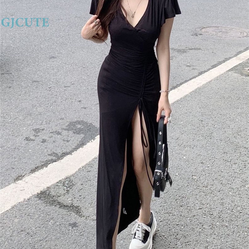 Gjocute Đầm Dài Ôm Dáng Cổ Chữ V Xẻ Tà Dây Rút Đơn Giản Mùa Hè Cho Nữ WTD