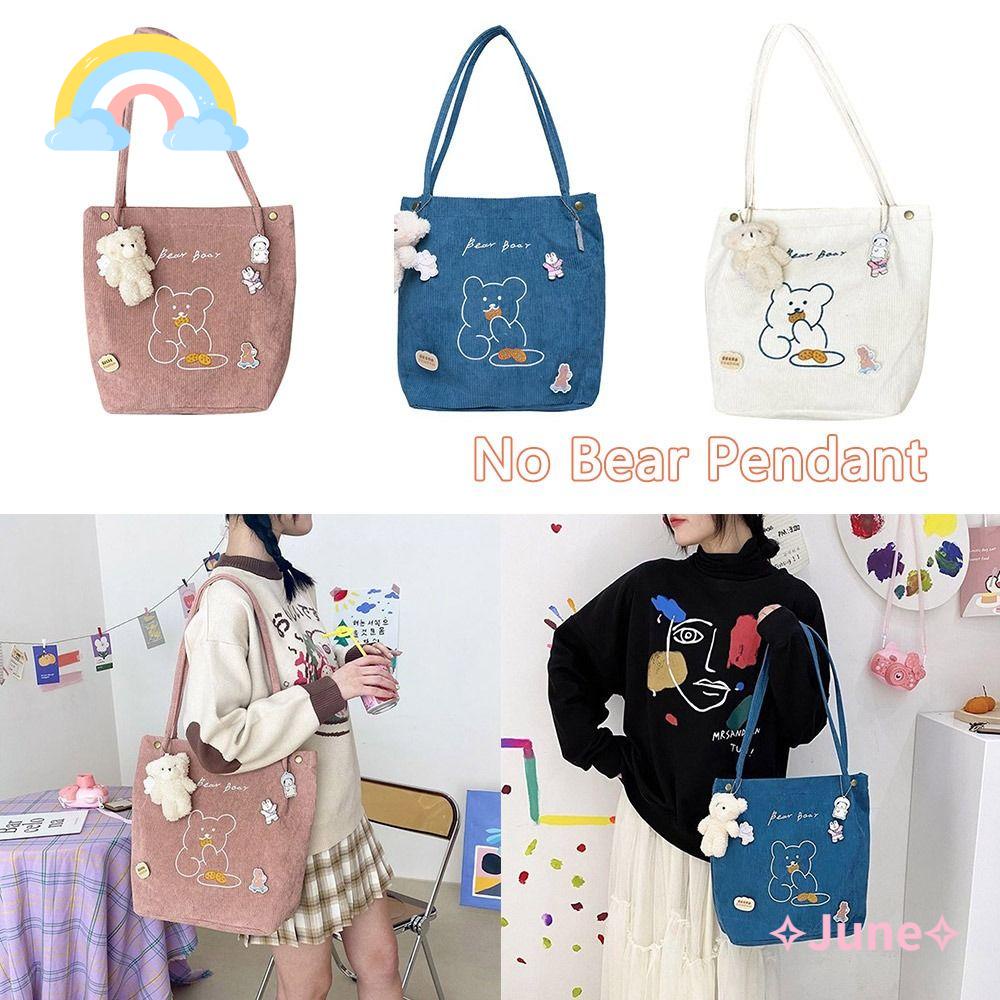 JUNE Túi Đeo Vai Vải Nhung Mềm Thêu Hình Gấu Dễ Thương Cho Nữ