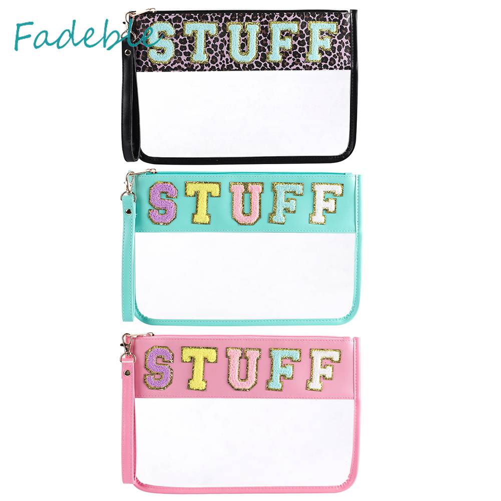 Túi Đựng Mỹ Phẩm Bằng PVC Chenille Trong Suốt In Chữ Có Khóa Kéo Tiện Dụng Mang Theo Du Lịch