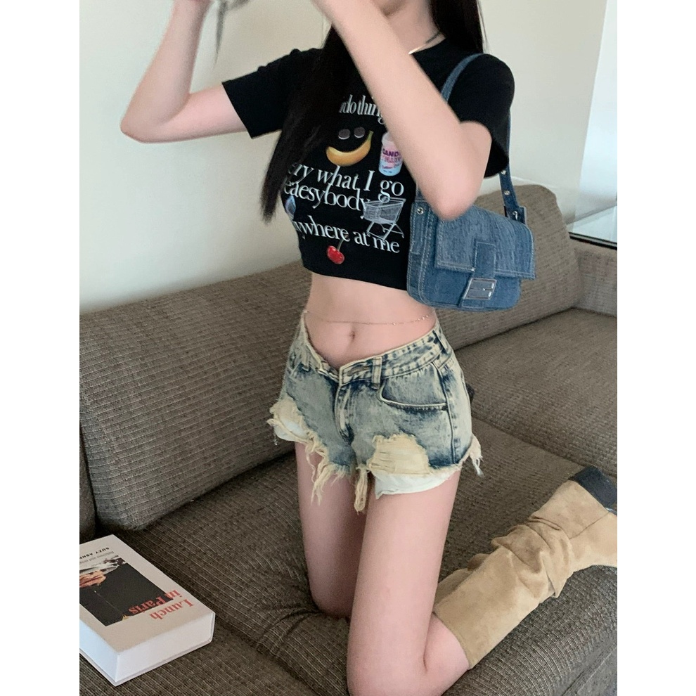 SUXI Áo Thun Croptop Cotton Tay Ngắn Cổ Tròn Dáng Ôm In Họa Tiết Thời Trang Quyến Rũ Cho Nữ