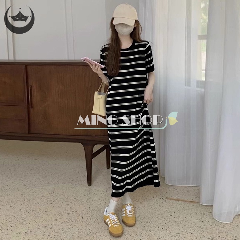 Đầm Hai Dây Dệt Kim Ôm Eo Họa Tiết Kẻ Sọc Thời Trang Mùa Hè Cho Nữ