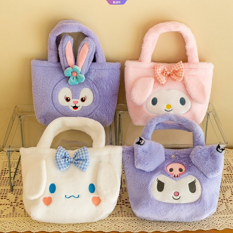SANRIO Túi Tote Xách Tay Bằng Lông Nhung Hình Gấu Pooh / Stitch / Gấu Pooh / Thỏ StellaLou Dễ Thương Cho Nữ [RAIN]