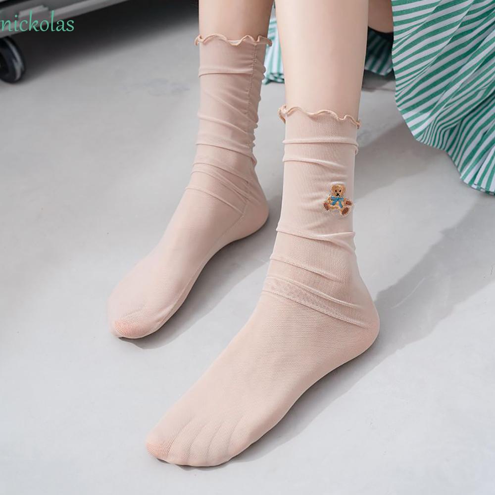 NICKOLAS Vớ Harajuku Màu Trơn Thoáng Khí Có Diềm Xếp Nếp Hình Gấu Dễ Thương Cho Nữ