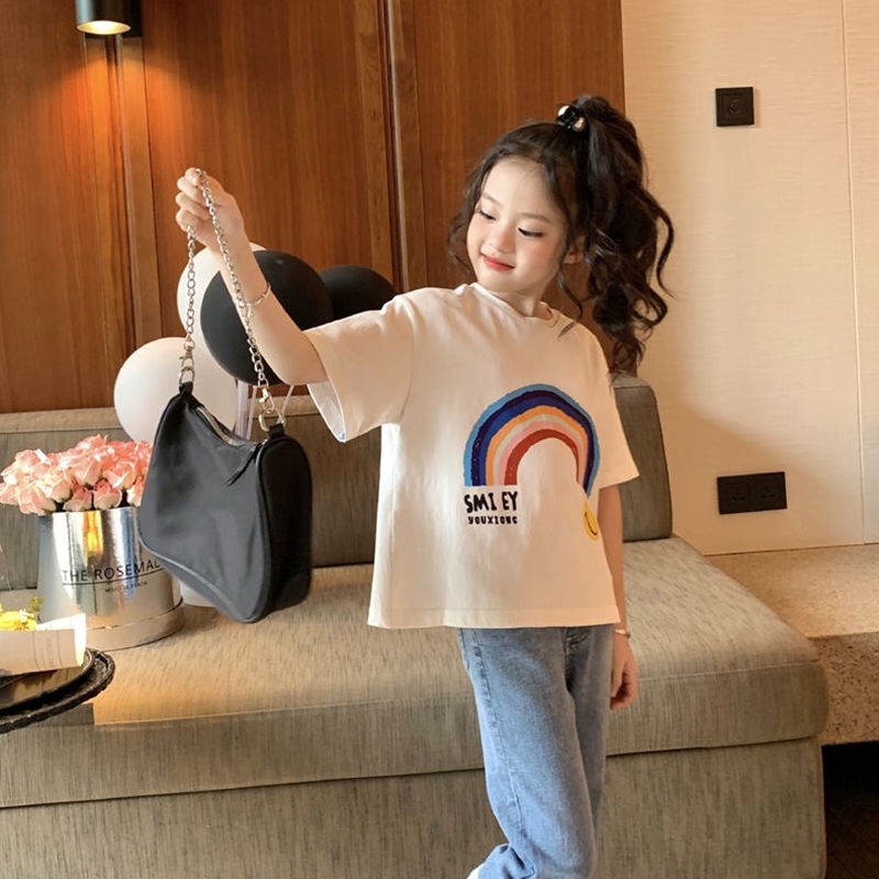 Áo Thun Cotton Ngắn Tay Dáng Rộng In Chữ Màu Cầu Vồng Dễ Thương Cho Bé Gái