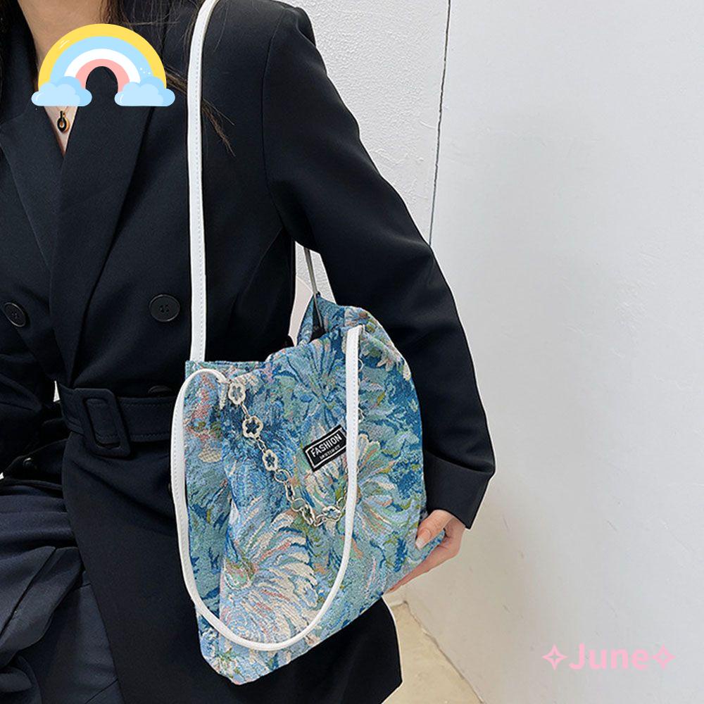 JUNE Túi Xách Mua Sắm Đeo Vai Kích Cỡ Lớn Hoạ Tiết Tranh Sơn