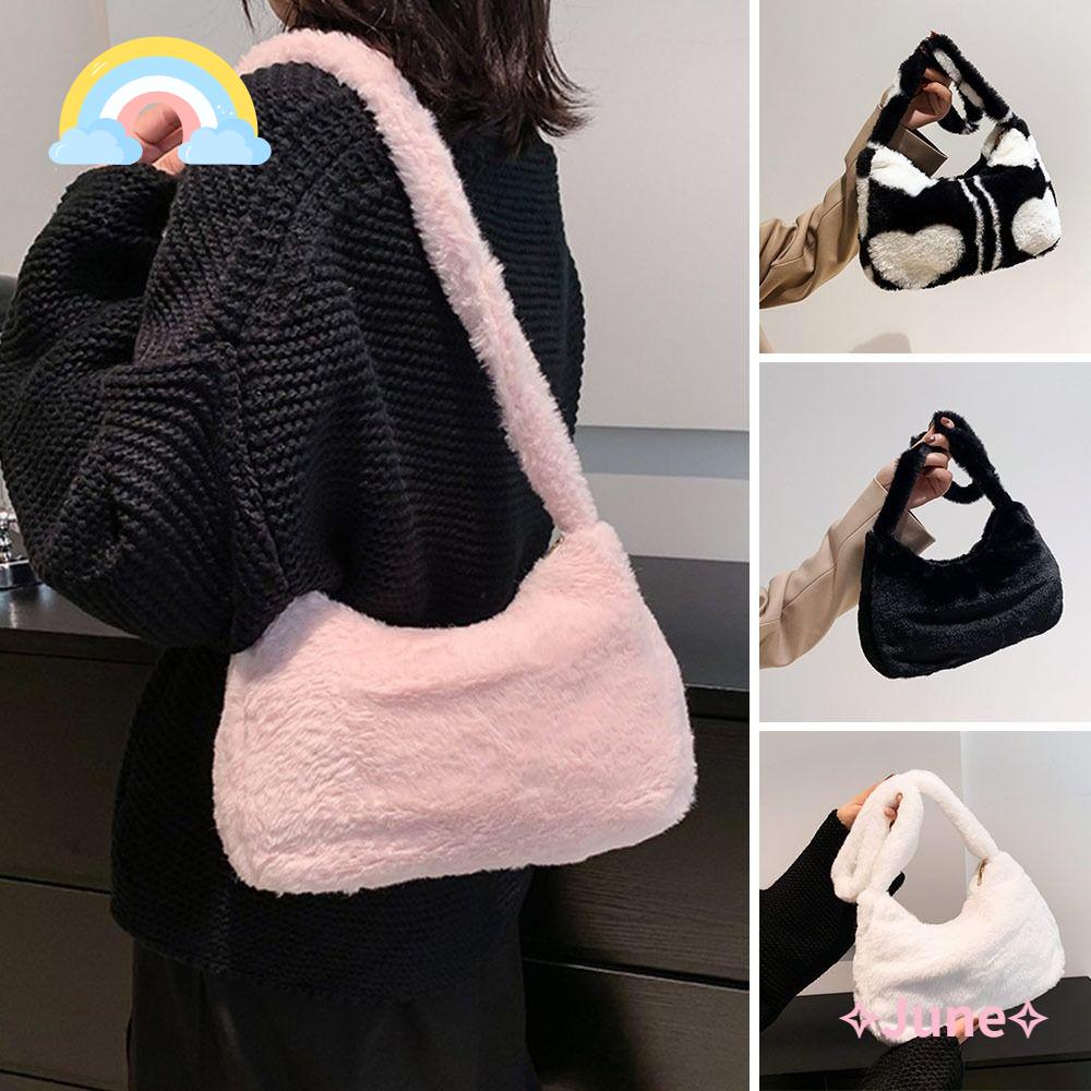 JUNE Túi Tote Đeo Chéo Hình Trái Tim Bằng Lông Nhung Dễ Thương Xinh Xắn