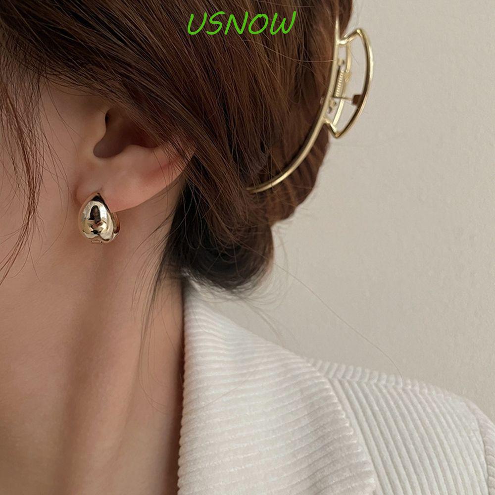 USNOW Khuyên Tai Kim Loại Tròn Màu Bạc Phong Cách Hàn Quốc Thanh Lịch Thời Trang Cho Nữ